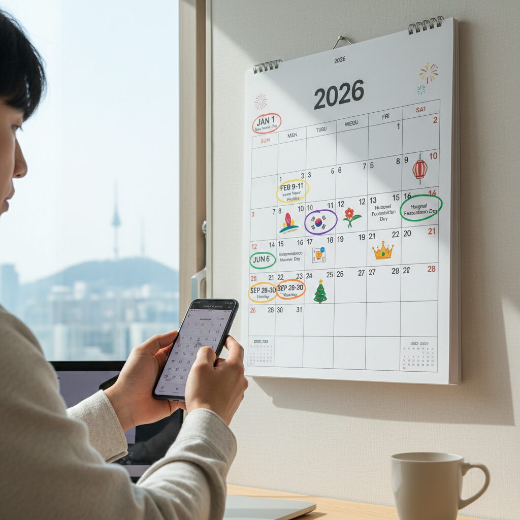 2026년 달력에 표시된 주요 공휴일과 연휴