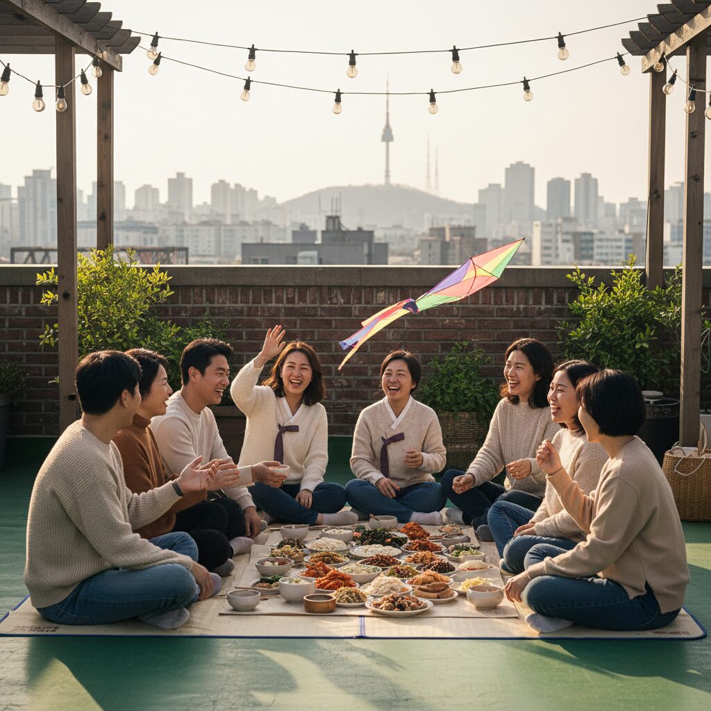 가족과 친구들과 공휴일을 즐기고 있는 행복한 모습