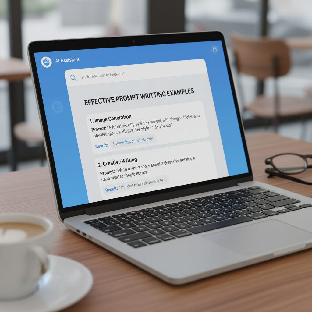 노트북 화면에 AI 채팅창과 효과적인 프롬프트 작성 예시가 표시된 모습