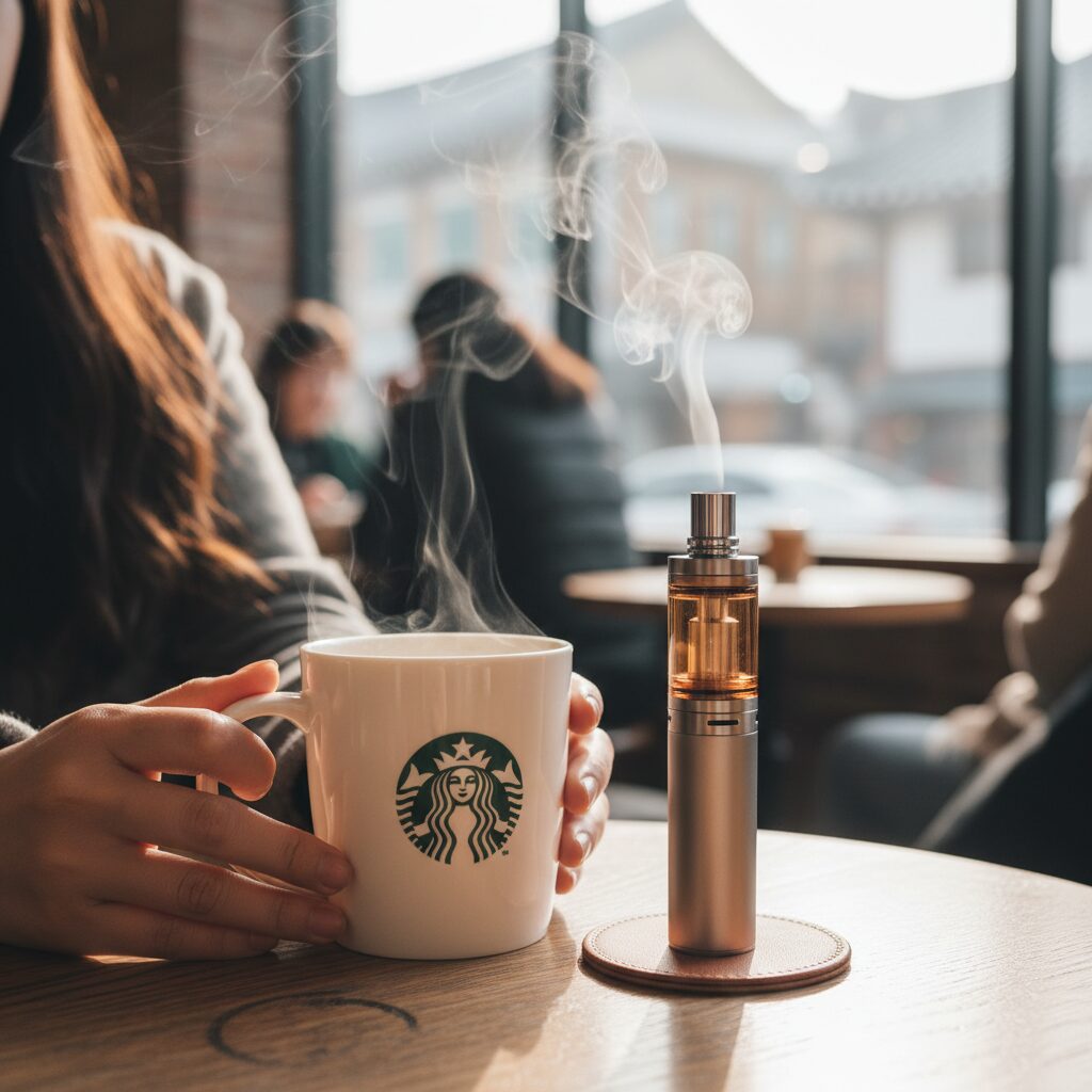 따뜻한 베이프와 함께 놓인 스타벅스 커피 한 잔