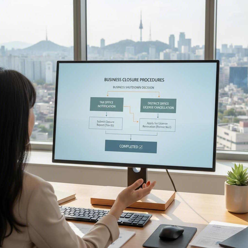폐업 시 세무서 신고와 구청 면허 취소 신고 두 가지를 모두 해야 함을 설명하는 다이어그램