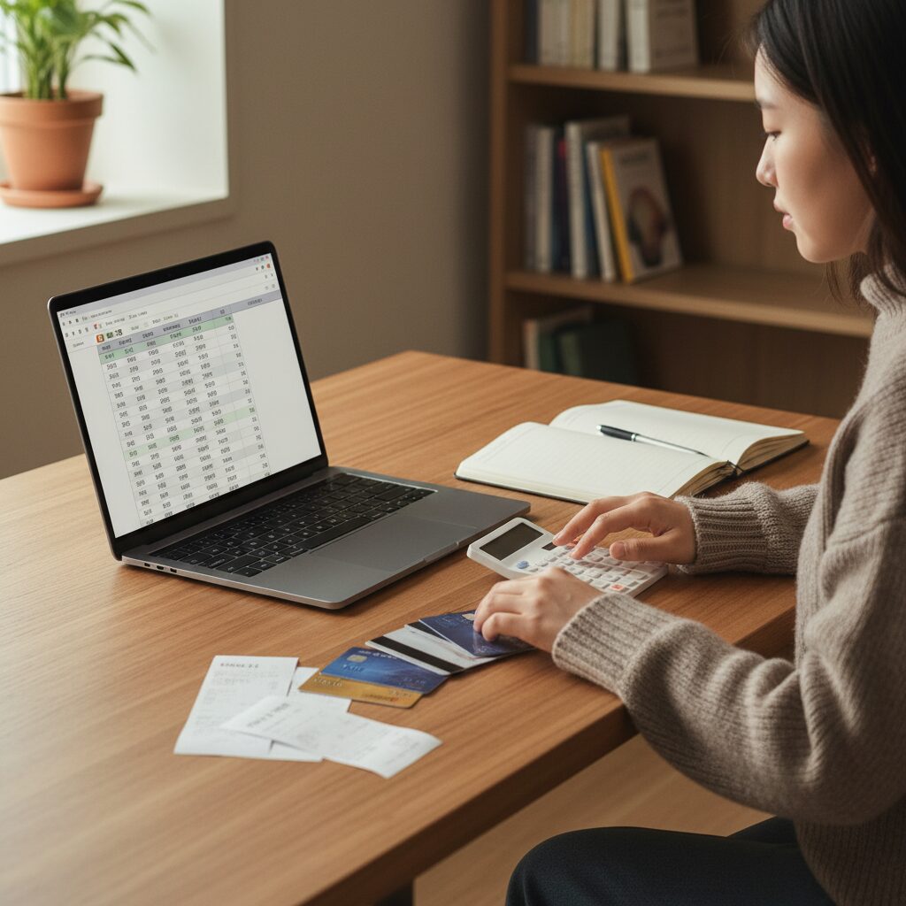 노트북 앞에서 카드 사용내역을 정리하며 계산하는 모습