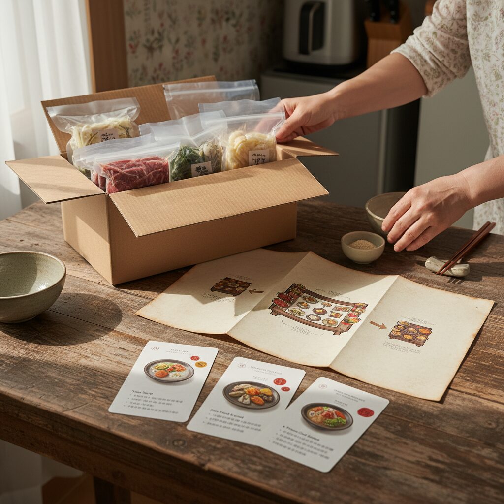 차례상 밀키트에 동뉘어진 상차림 설명서와 레시피 카드