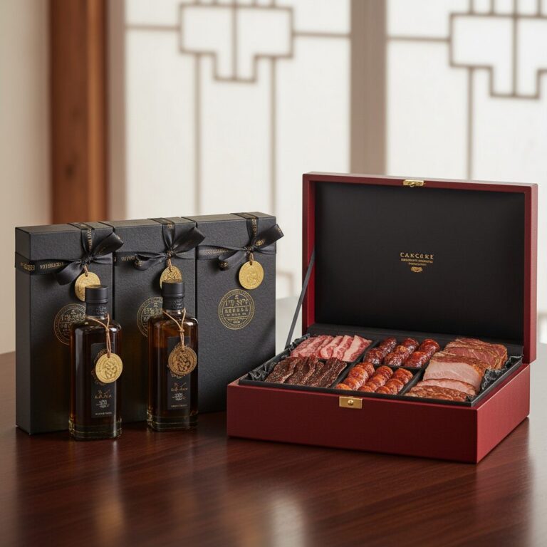 고급스러운 포장의 참기름 세트와 가공육 세트