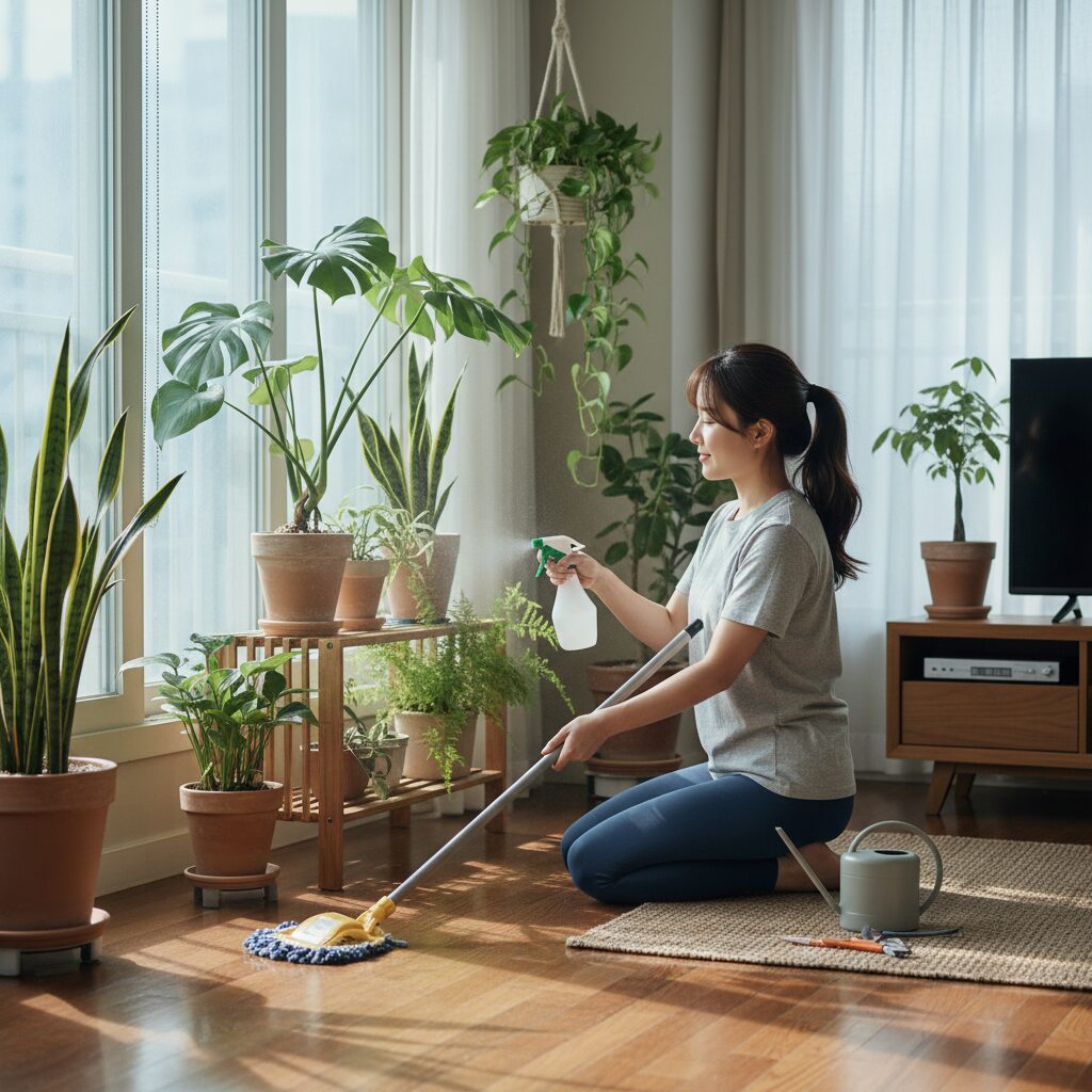집에서 물걸레로 바닥을 닦고 공기정화 식물을 가꾸는 일상적인 모습