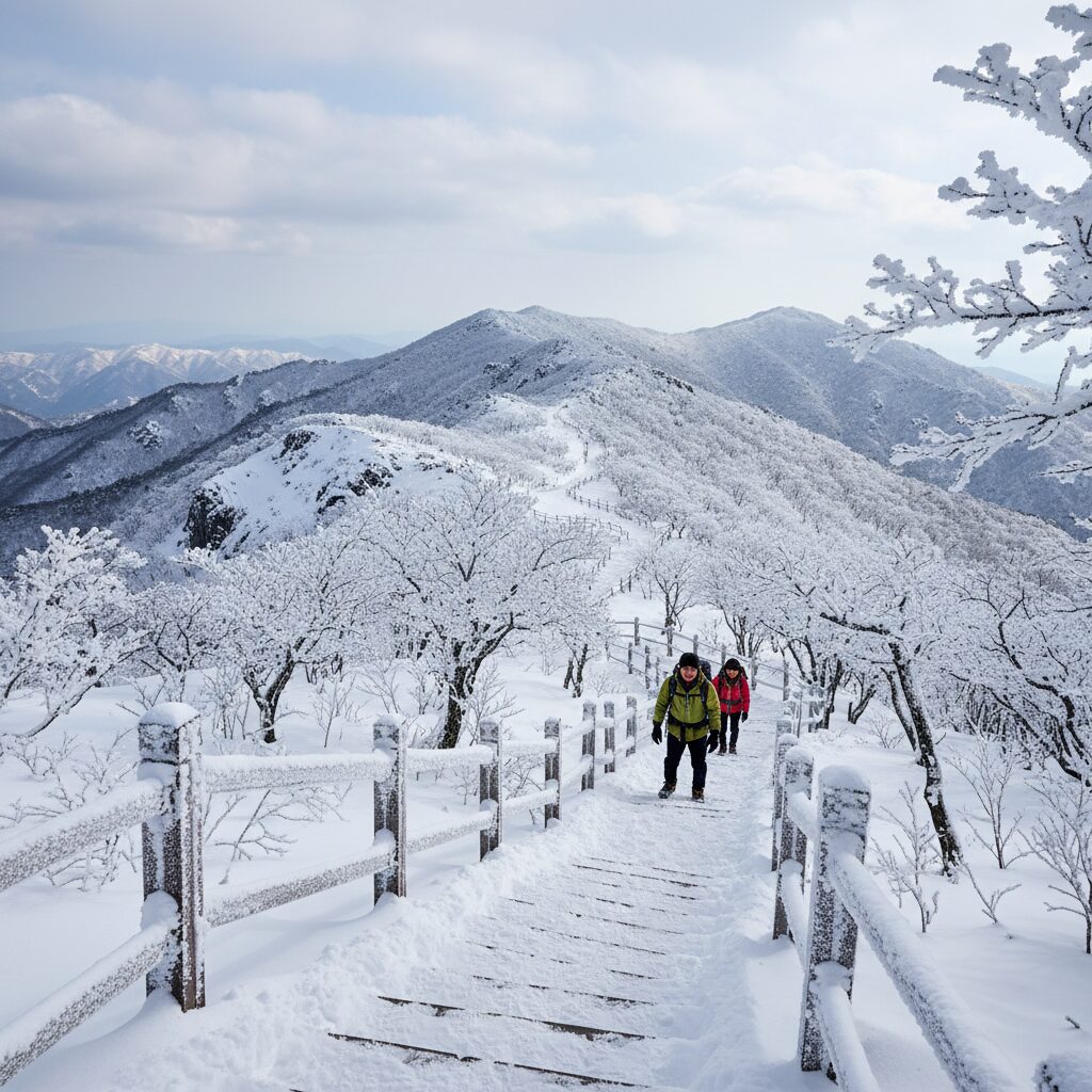 덕유산 눈꽃 산행 길 목계단과 설경