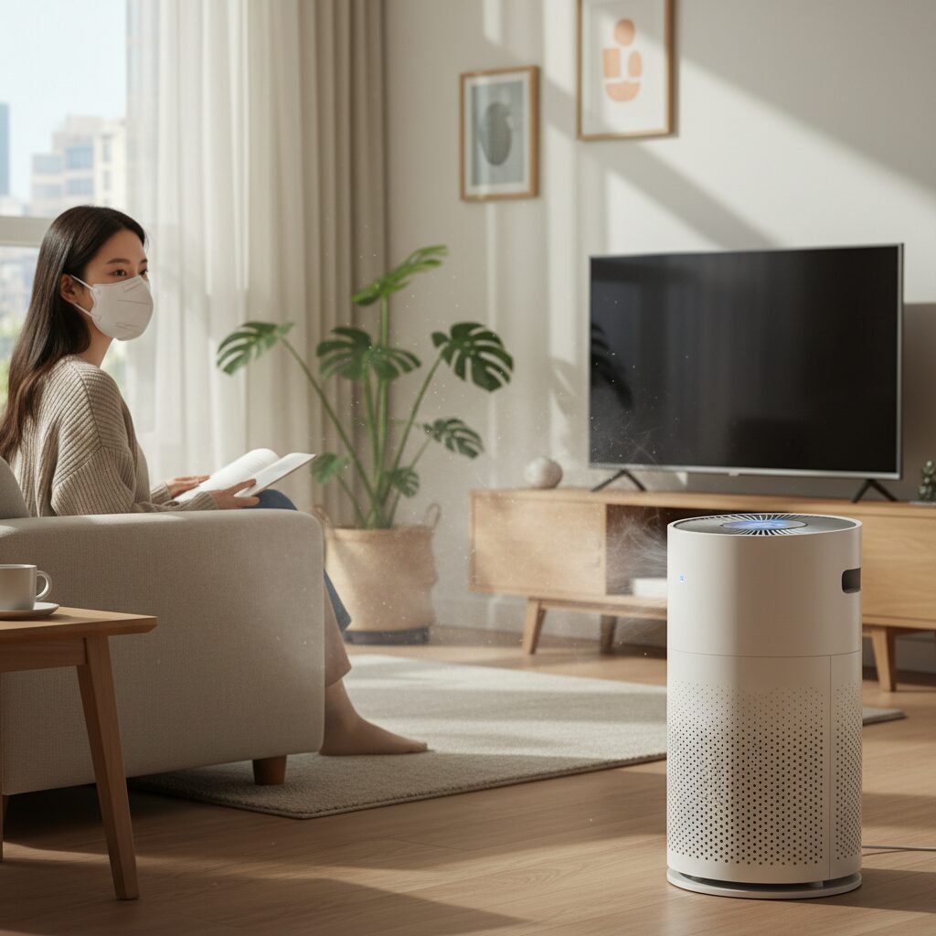 KF94 마스크를 착용한 사람과 실내에서 공기청정기가 작동하는 모습