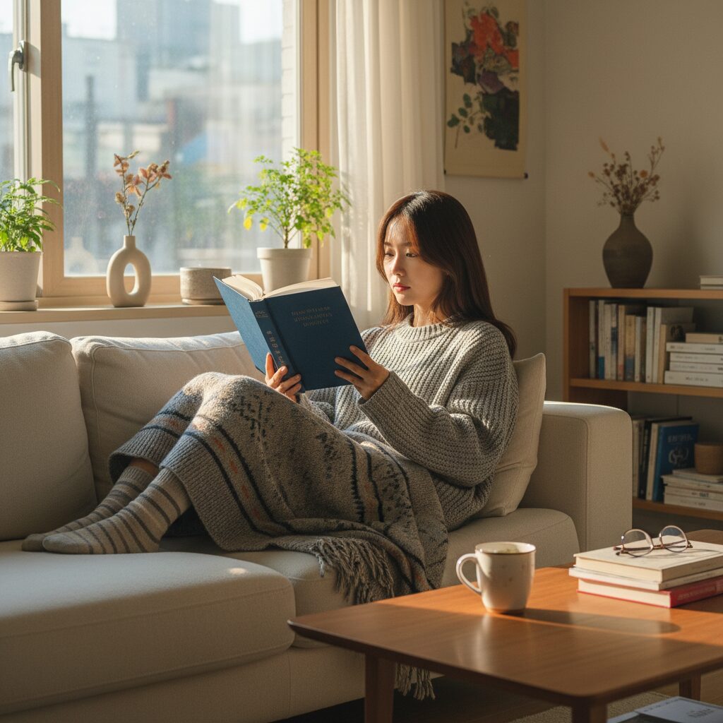 집에서 편안하게 책을 읽고 있는 여성