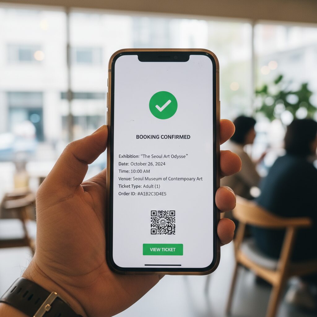 스마트폰 화면에서 전시회 예매가 성공적으로 완료된 모습을 보여주는 스크린샷