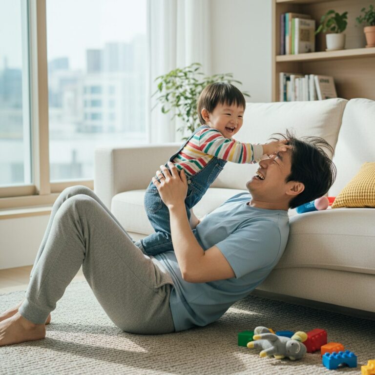 아빠가 육아휴직 중 아이와 소파에서 즐겁게 놀고 있는 모습