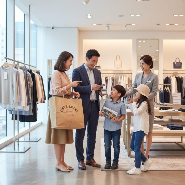 가족과 함께 쇼핑하며 카드를 사용하는 모습