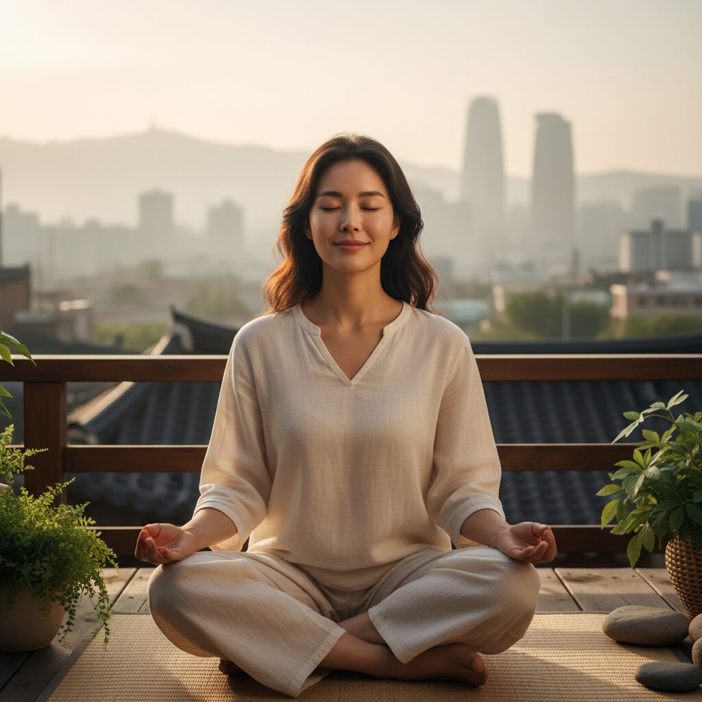 명상 후 평화로운 미소를 짓는 여성