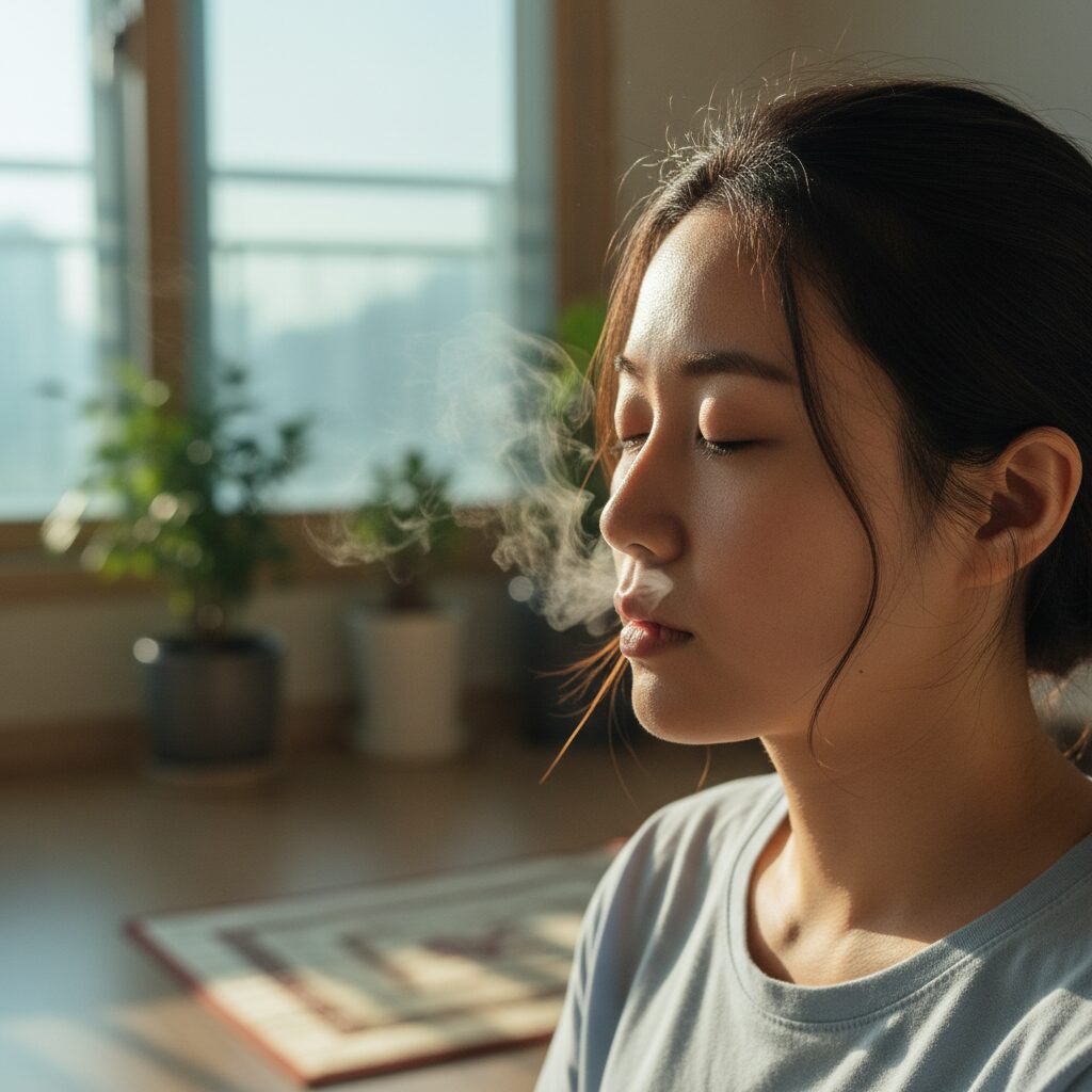 호흡에 집중하며 명상하는 여성의 얼굴