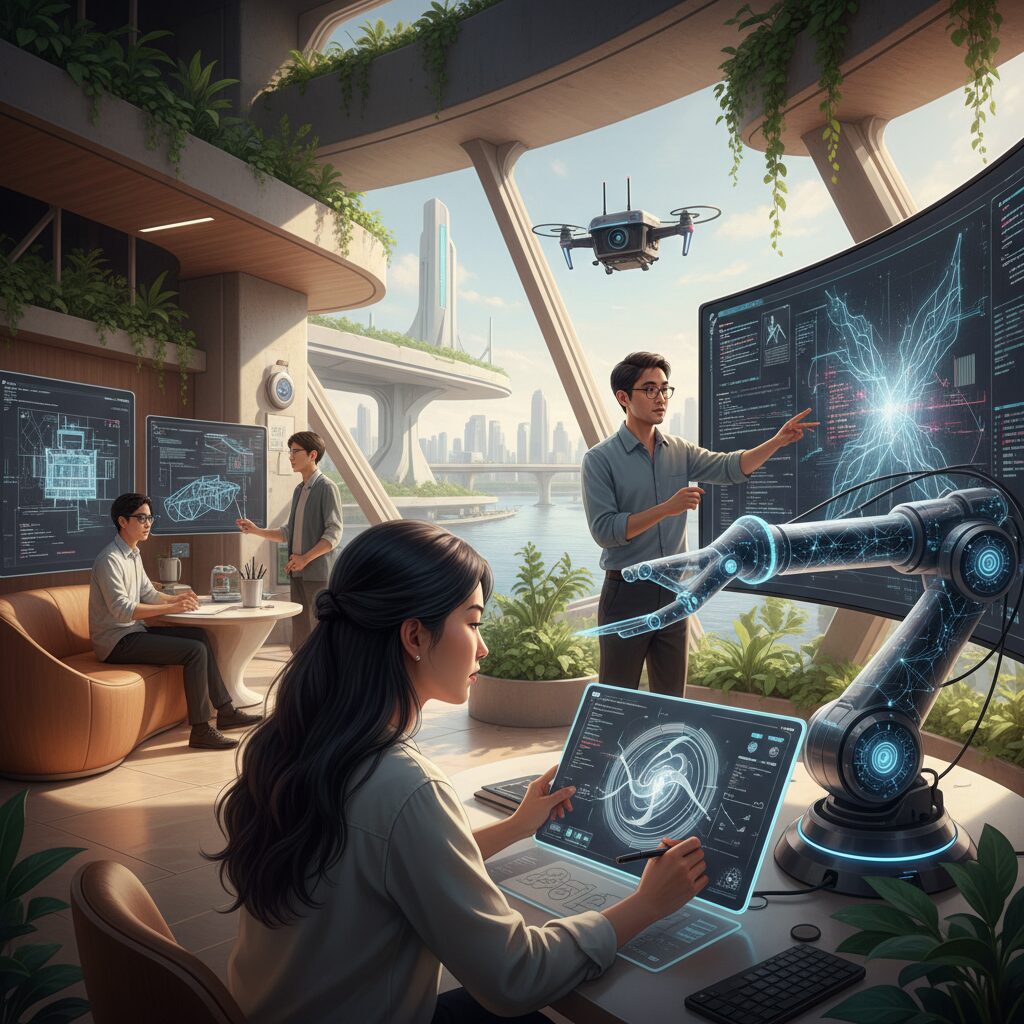 사람과 AI가 협력하여 창의적인 작업을 하는 미래지향적인 일러스트