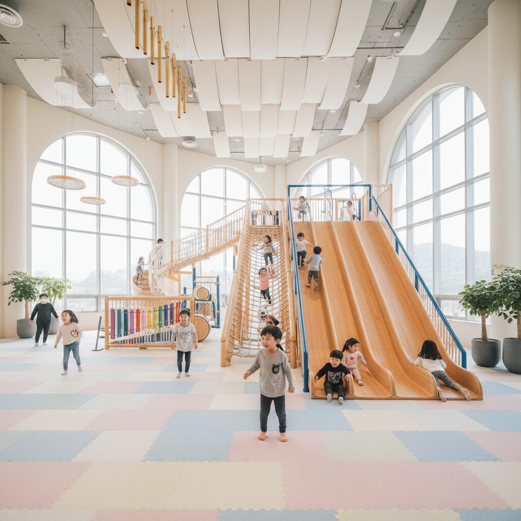 가평 음악놀이터 내부의 밝고 다채로운 놀이 공간과 대형 미끄럼틀