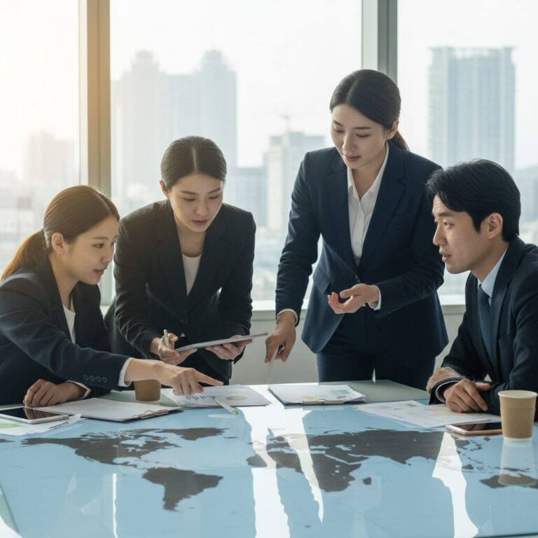 세계 지도 앞에서 세금 정책을 논의하는 사람들