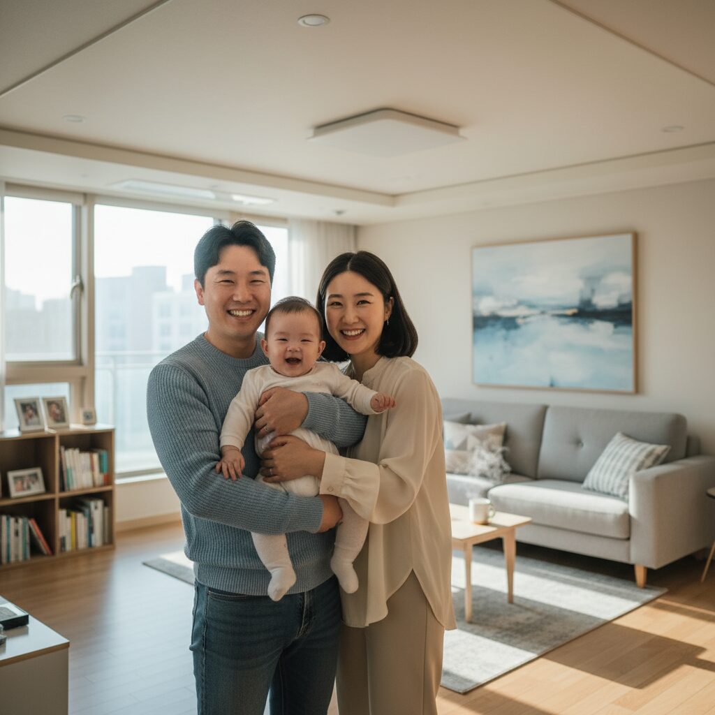 집 안에서 부모가 아이를 안고 행복하게 웃고 있는 가족의 모습