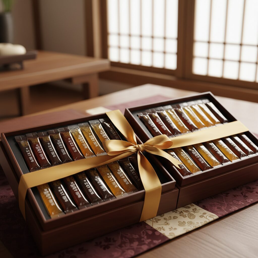 스틱형 홍삼과 꿀 스틱 세트가 고급스러운 포장지 위에 놓여 있음