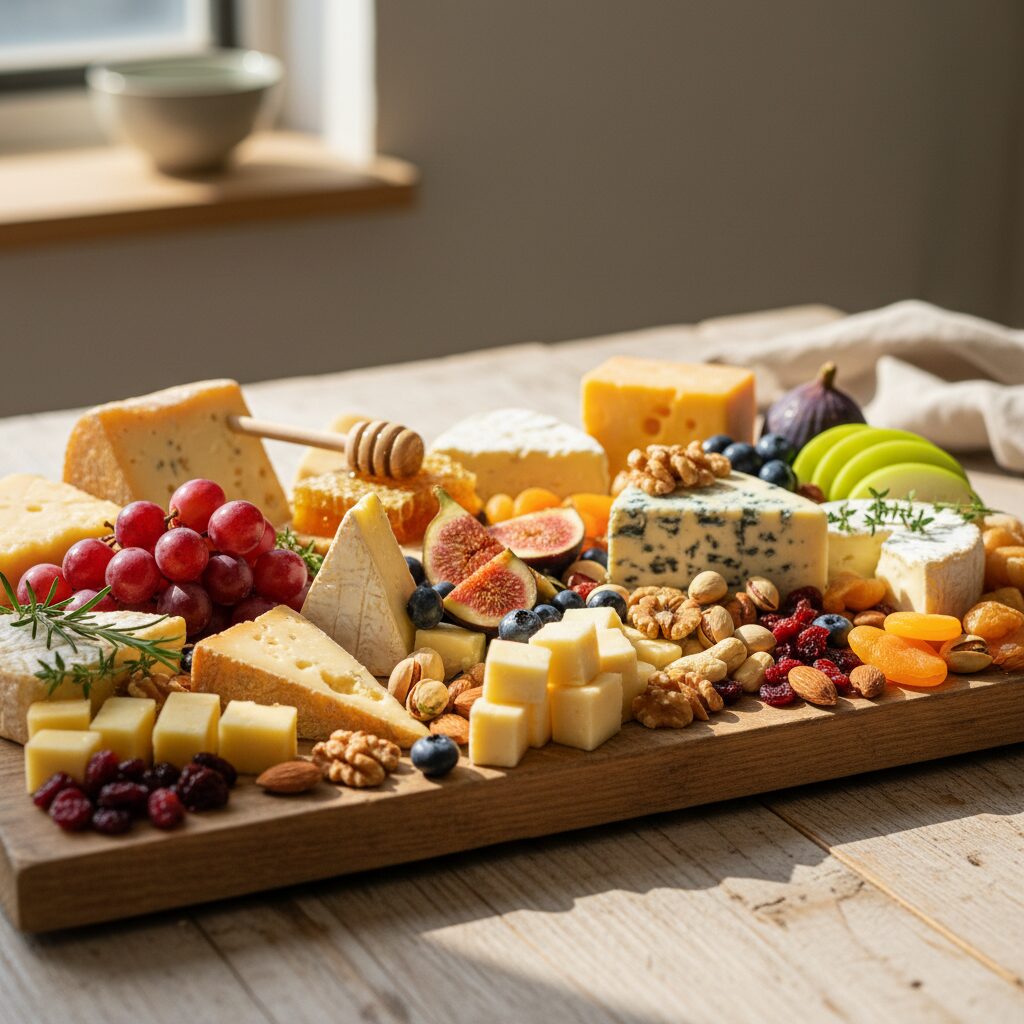 다양한 치즈 과일 견과류가 담긴 나무 보드