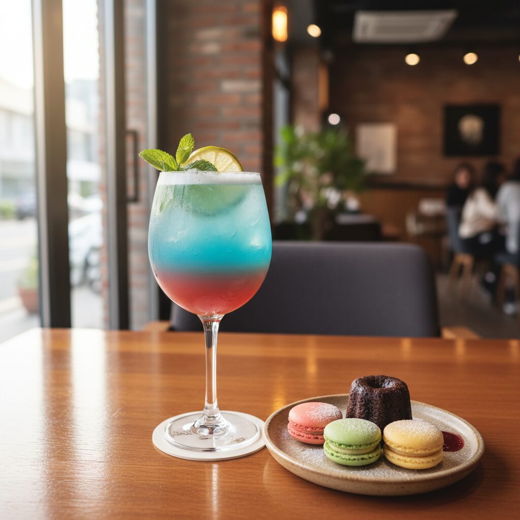 예쁜 컵에 담긴 칵테일과 작은 디저트