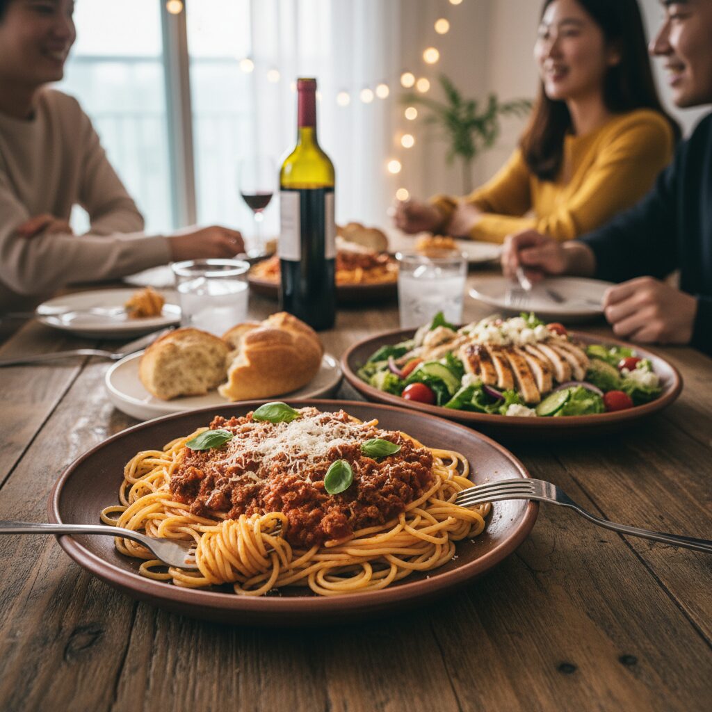 홈파티를 위한 파스타와 샐러드가 담긴 접시