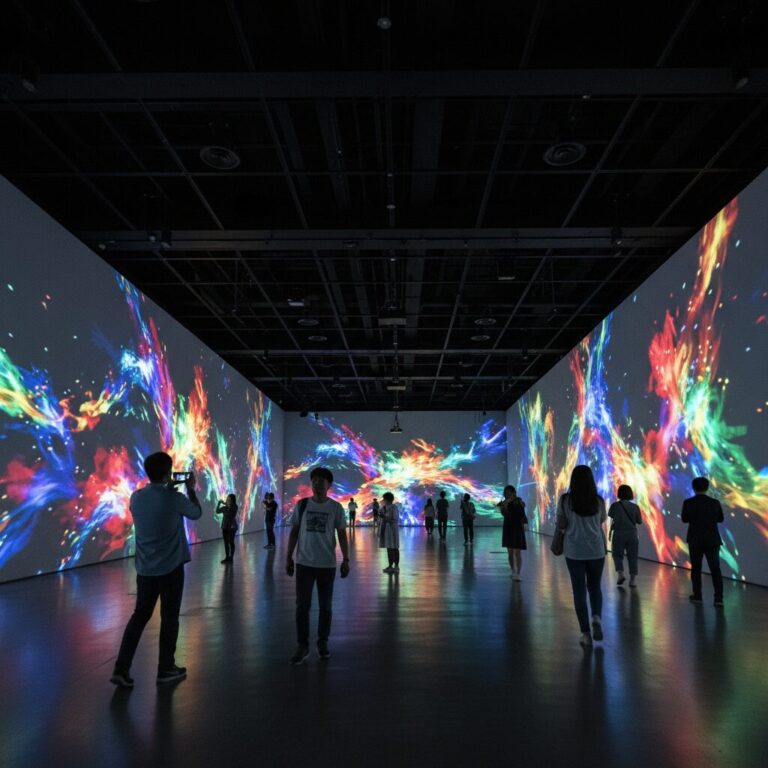 어두운 공간에 퍼지는 형형색색의 빛과 영상이 가득한 몰입형 미디어 아트 전시장 내부 모습