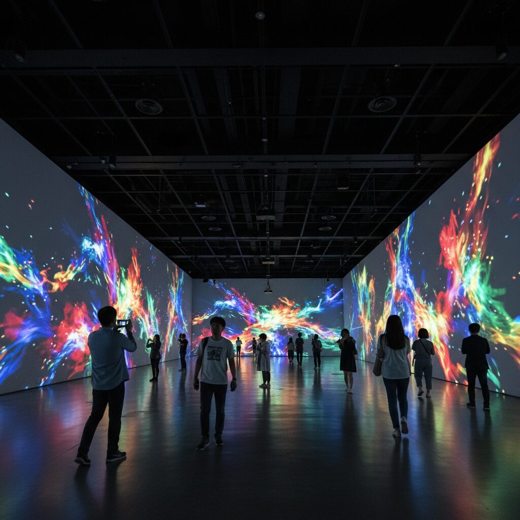 어두운 공간에 퍼지는 형형색색의 빛과 영상이 가득한 몰입형 미디어 아트 전시장 내부 모습