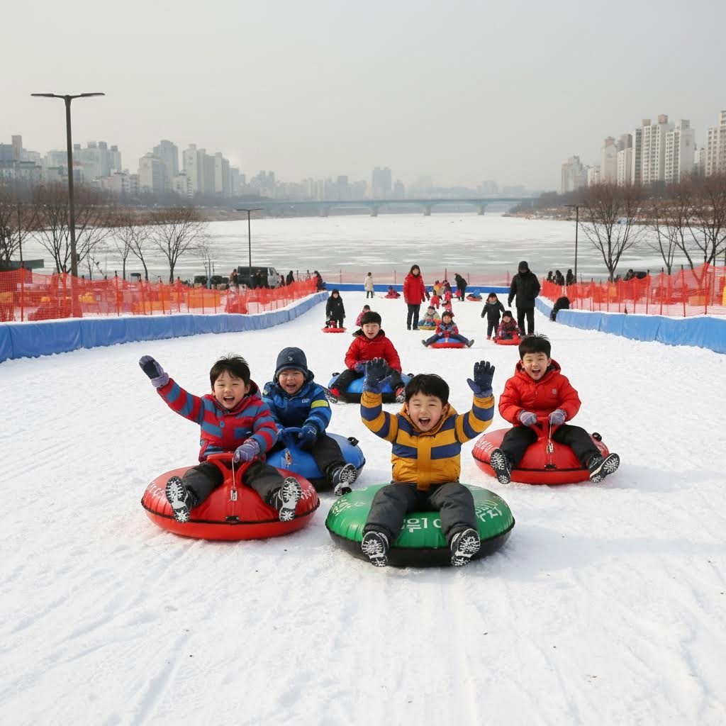 잠원한강 눈썰매장 유아용 슬로프에서 즐기는 모습