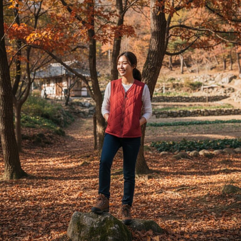 자연 속에서 김장조끼를 입고 포즈를 취하는 젊은 여성