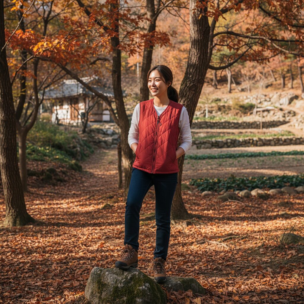자연 속에서 김장조끼를 입고 포즈를 취하는 젊은 여성