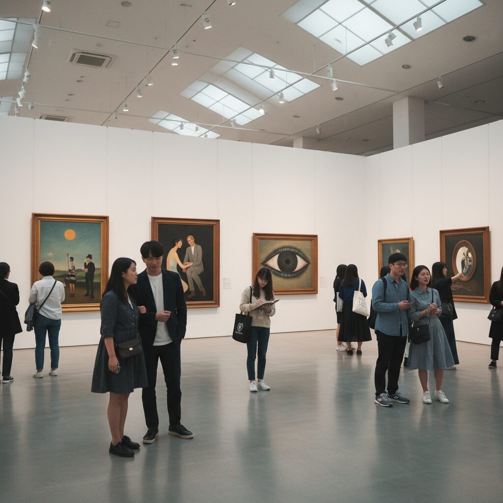 르네 마그리트 전시장 내부에 전시된 유명한 초현실주의 그림들과 관람객들이 작품을 감상하는 모습