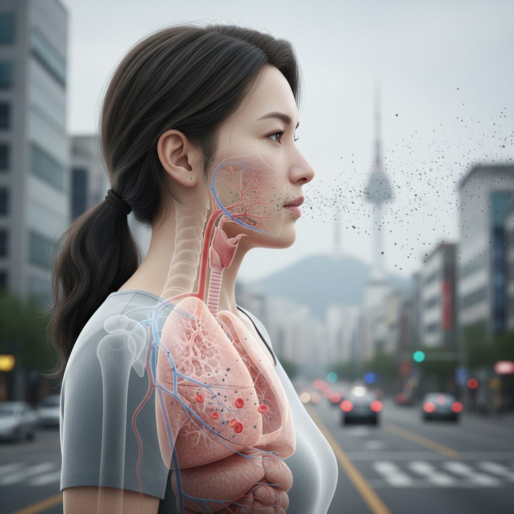 미세먼지가 호흡기와 폐를 통해 몸속으로 들어가는 과정을 보여주는 일러스트