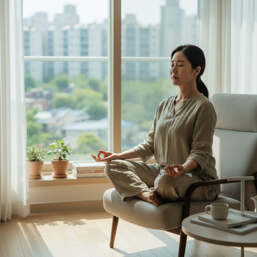 편안한 자세로 의자에 앉아 명상하는 모습
