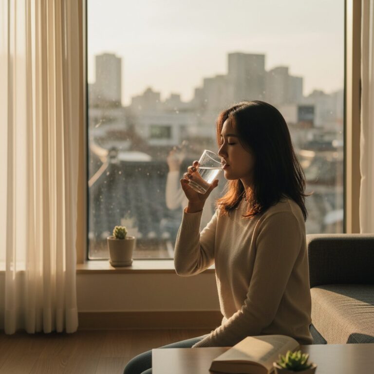 창가에서 햇살을 받으며 물 한 잔을 마시는 여성