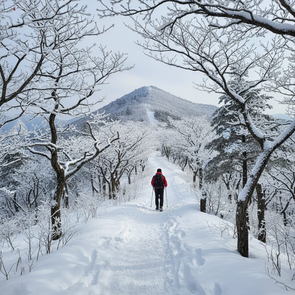 오대산 비로봉 눈 덮인 산행로와 겨울 숲