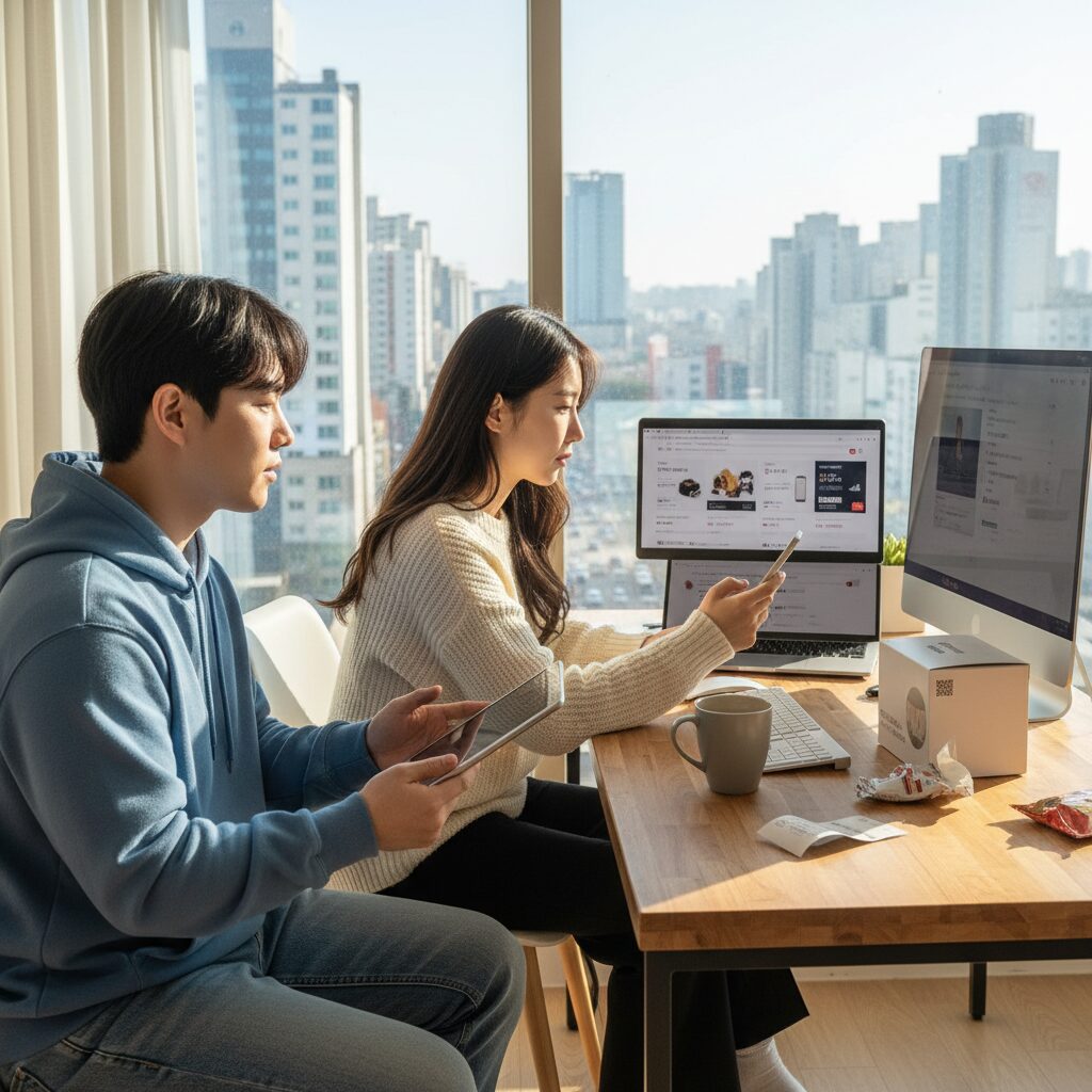 모바일과 PC에서 가격 비교하며 쇼핑하는 모습