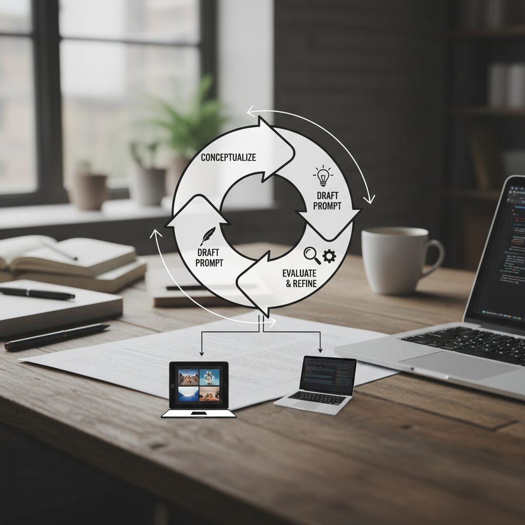 프롬프트를 수정하고 개선해 가는 순환 과정을 다이어그램으로 표현한 이미지