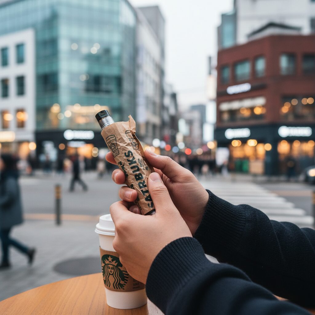 스타벅스 포장지에 싸인 베이프를 손에 들고 있는 모습