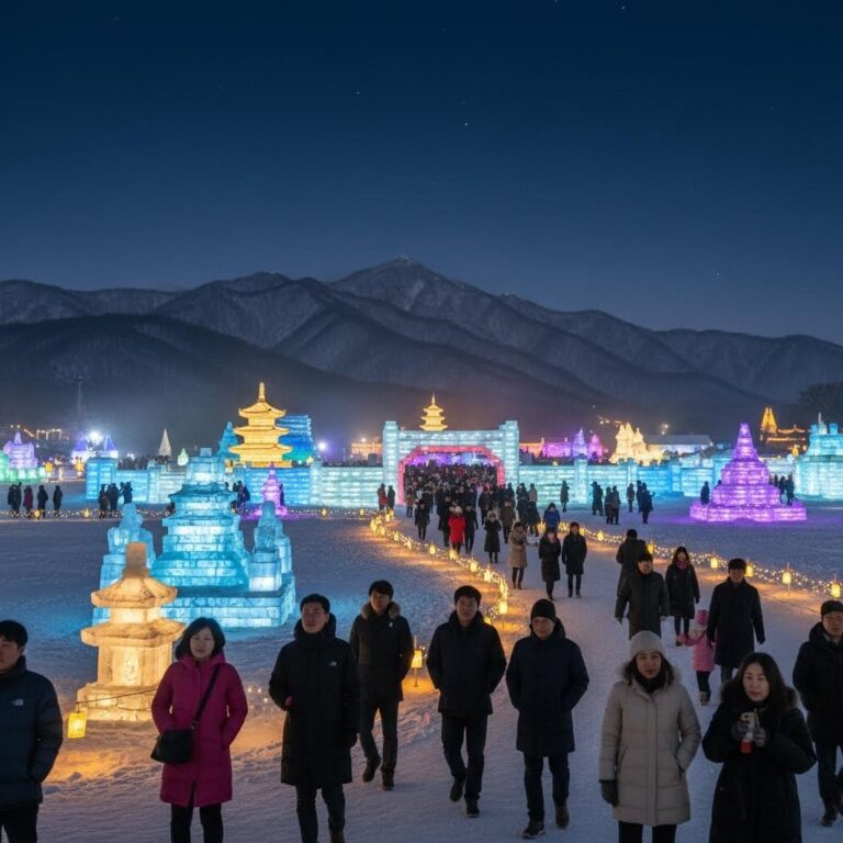 태백산 눈축제 야간 조명이 켜진 환상적인 풍경