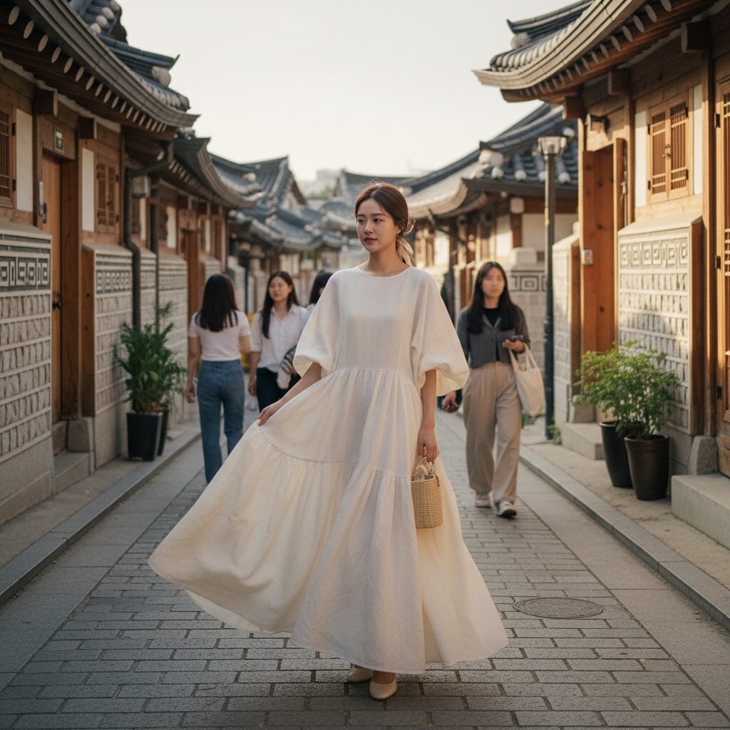 여유로운 핏의 볼륨 실루엣 드레스를 입은 모델