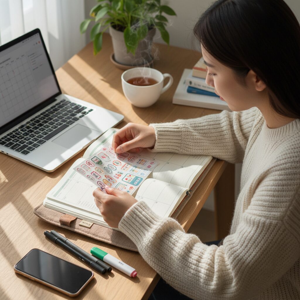다이어리에 스티커를 붙이며 주간 계획을 세우는 모습