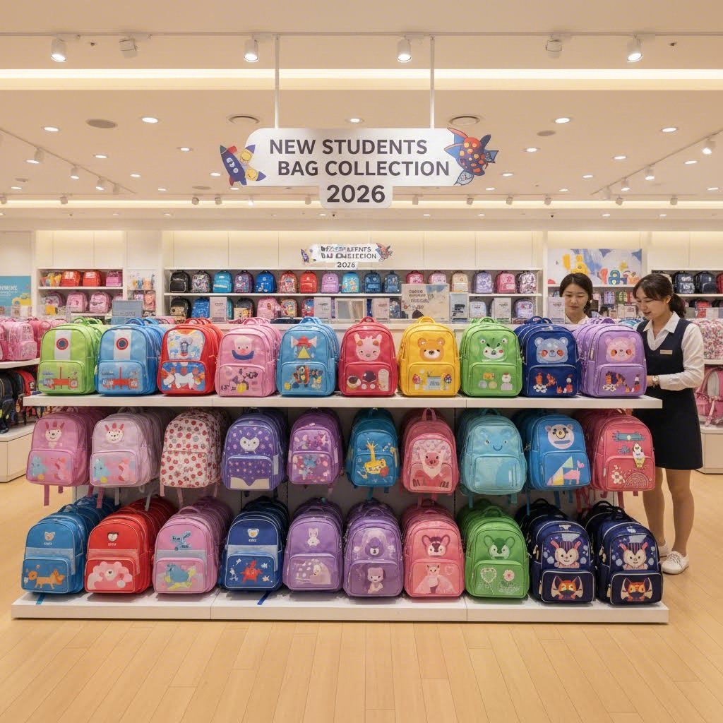2026 신입생을 위한 다양한 디자인의 어린이 책가방들이 진열되어 있는 모습