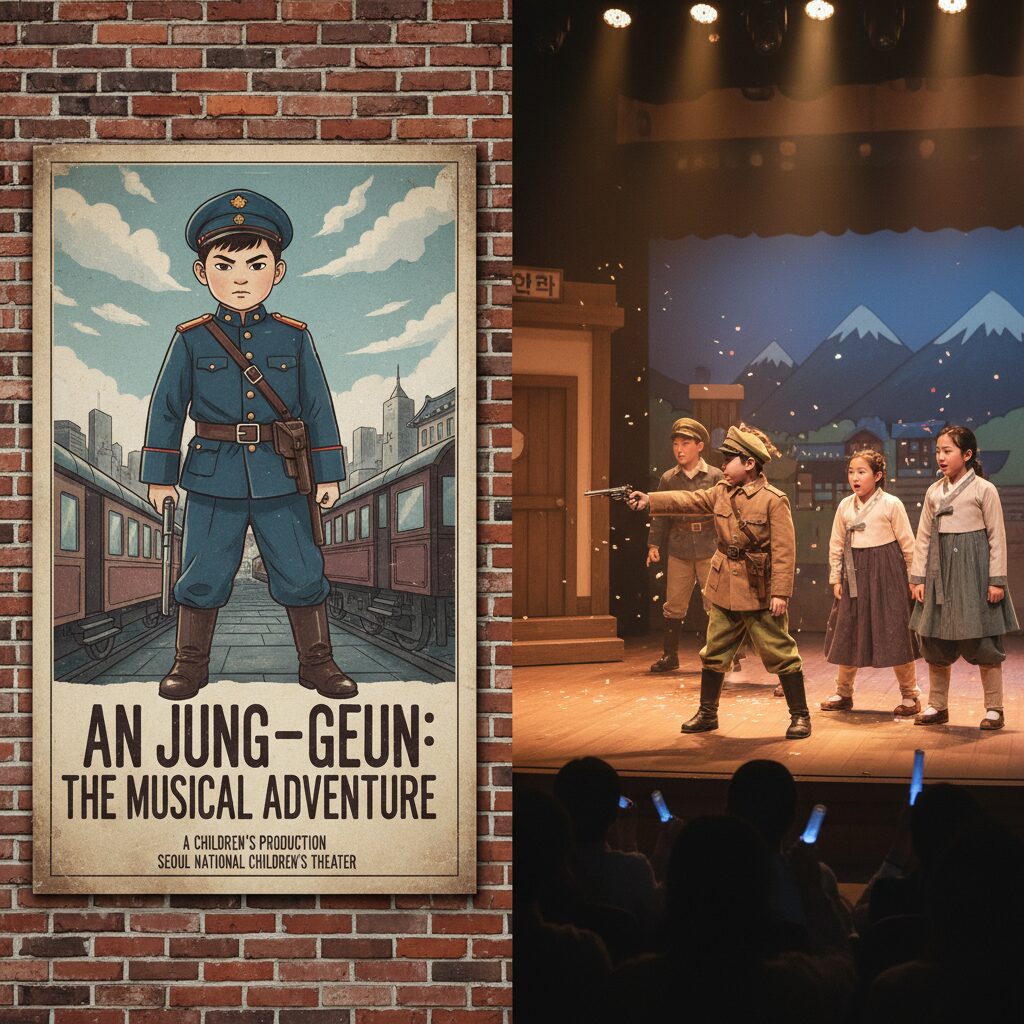 어린이 뮤지컬 안중근 공연 포스터와 무대 위 배우들의 모습