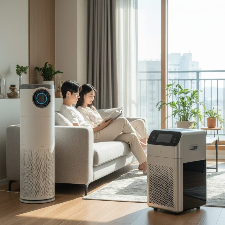 거실에 놓인 두 대의 다른 디자인의 공기청정기