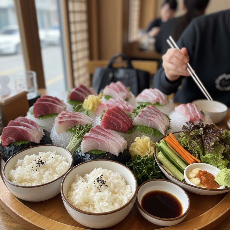 합정 방어 맛집 알배기에서 제공되는 다양한 방어회 부위와 함께 나오는 밥과 채소 세트