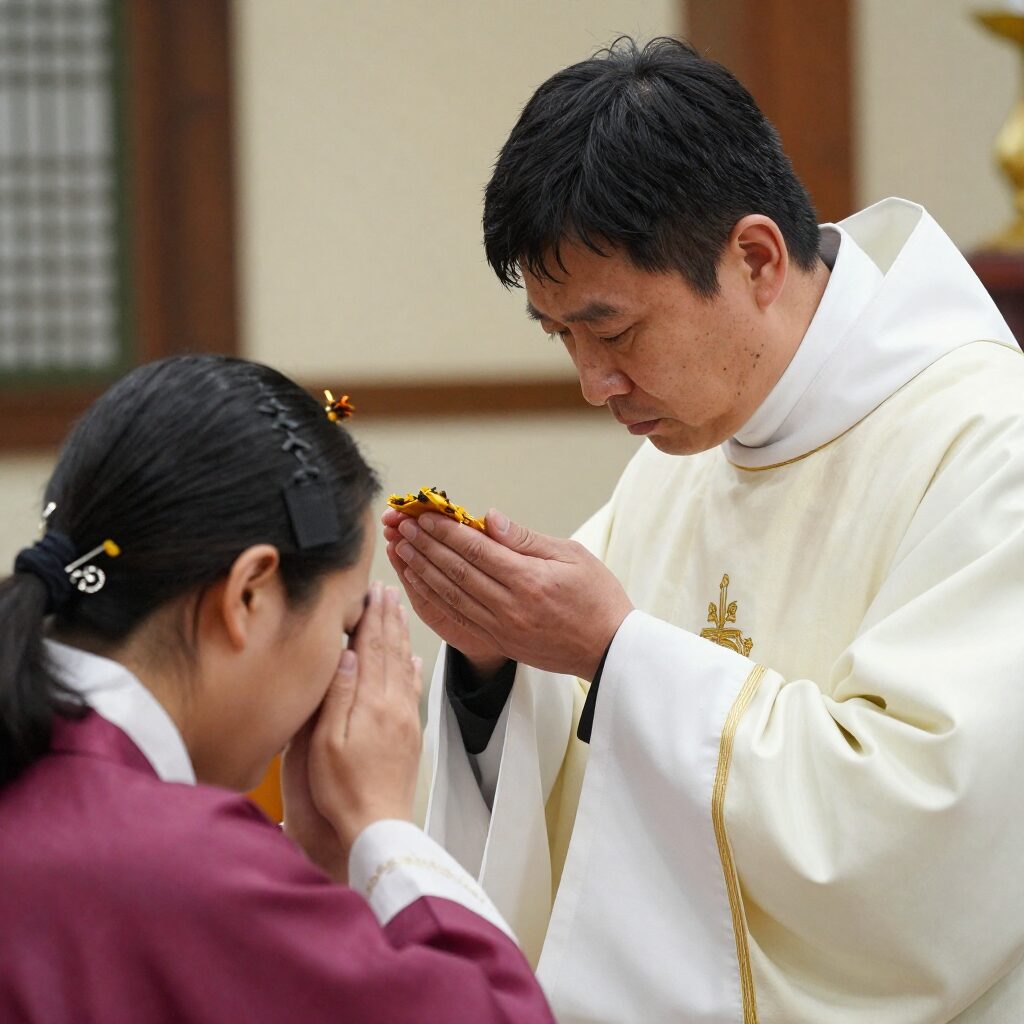 재의 수요일 미사에서 사제가 신자의 이마에 재를 얹고 있는 모습