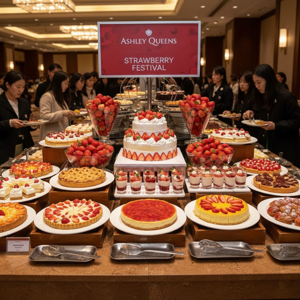 애슐리 퀸즈 딸기축제 화려한 딸기 디저트 테이블에 다양한 케이크와 생딸기가 진열되어 있음