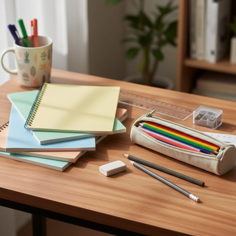 나무 책상 위에 정리된 다양한 색상의 노트 연필 필통 지우개 등 학용품들