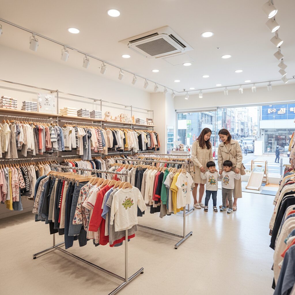 밝은 조명 아래 깔끔하게 정리된 아동복 매장 내부, 다양한 옷들이 행거에 걸려 있음