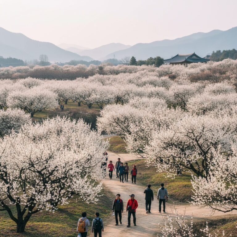 해남 보해매실농원의 흰 매화가 만개한 모습과 나무 아래에서 사람들이 산책하는 풍경
